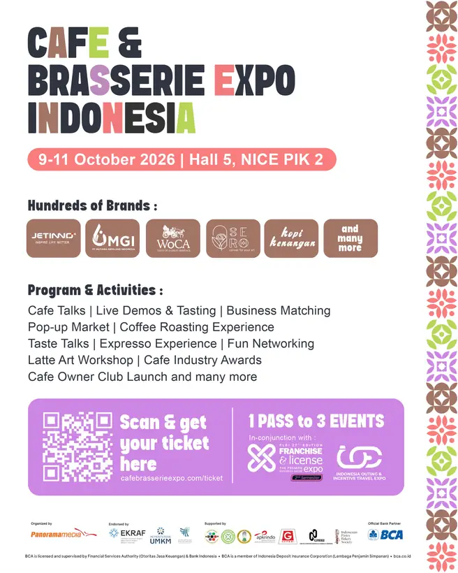 Cafe & Brasserie Expo Indonesia 2026 poster with date, venue, and ticket information